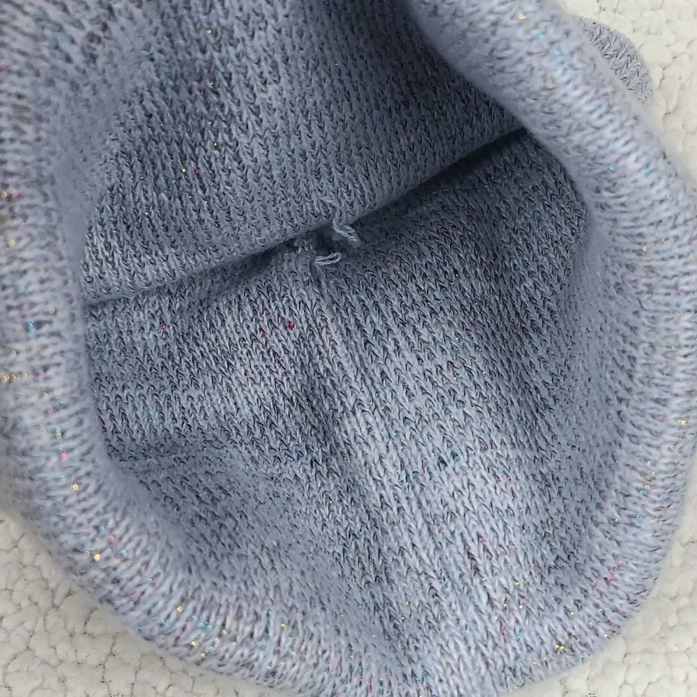 UNICORN Embroidered Light Blue Fuzzy Pom Pom Beanie Knit Winter Hat One Size NEW